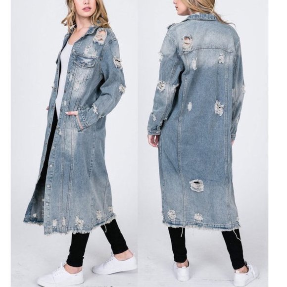 Vintage Distressed Ripped Long Maxi Denim Coat Jean Jacket - Picture 7 of 7